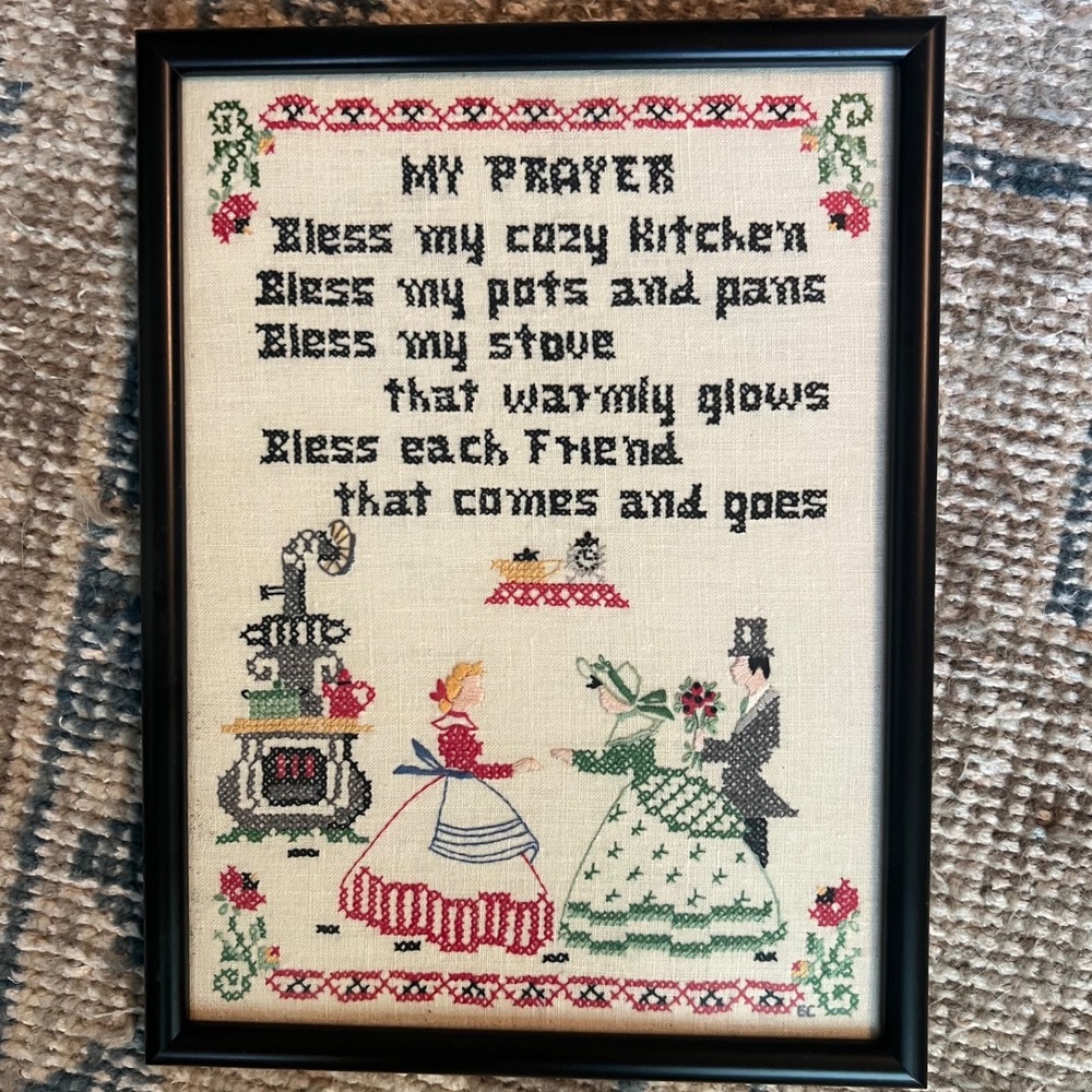 Vintage Framed Cross Stitch Kitchen Art Decor My Prayer Blessing Wall Art 9x12
